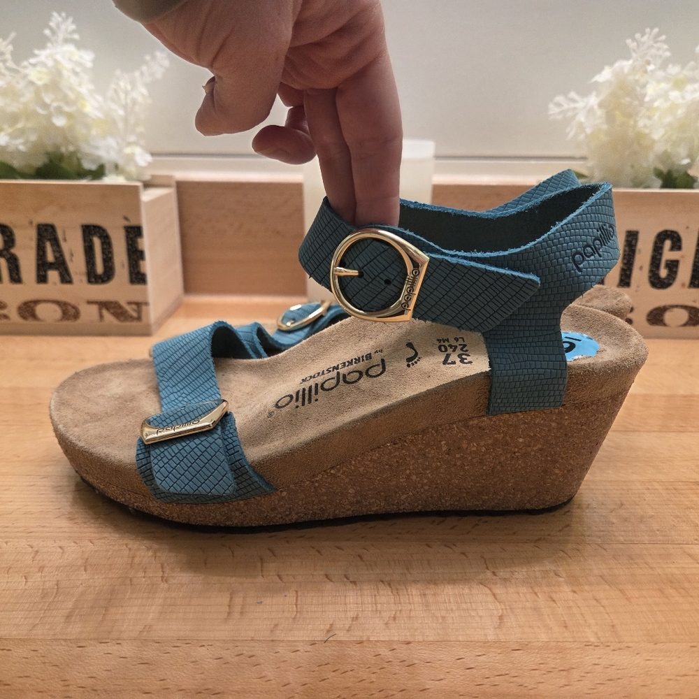 Birkenstock Papillio Sibyl Embossed Leather Wedge Sandals Biscay Bay Size 37 NEW - Picture 3 of 10
